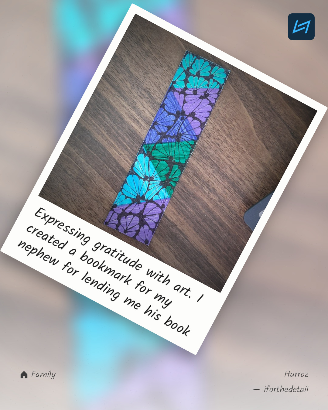 Expressing gratitude with art. I created a bookmark for my nephew for lending me his book