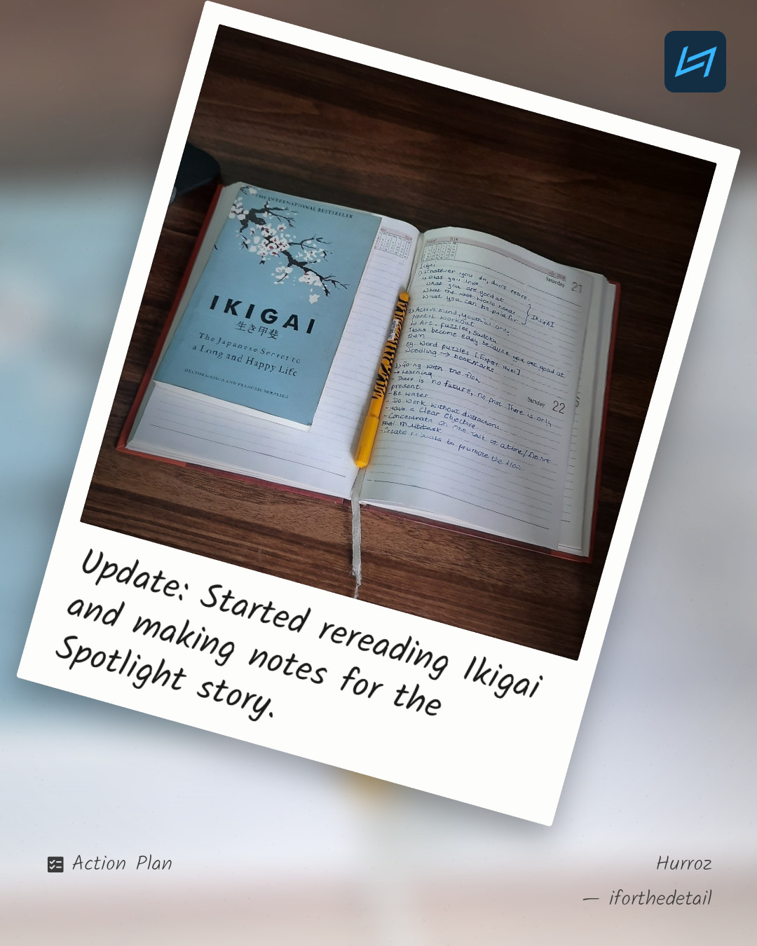 Update: Started rereading Ikigai and making notes for the Spotlight story.