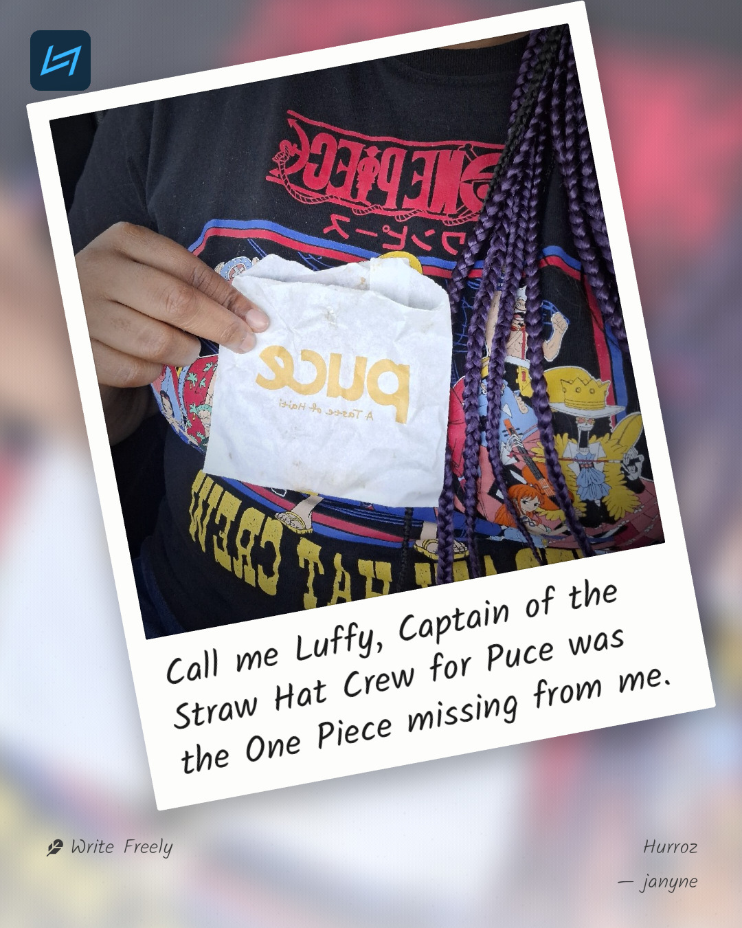 Call me Luffy, Captain of the Straw Hat Crew for Puce was the One Piece missing from me.