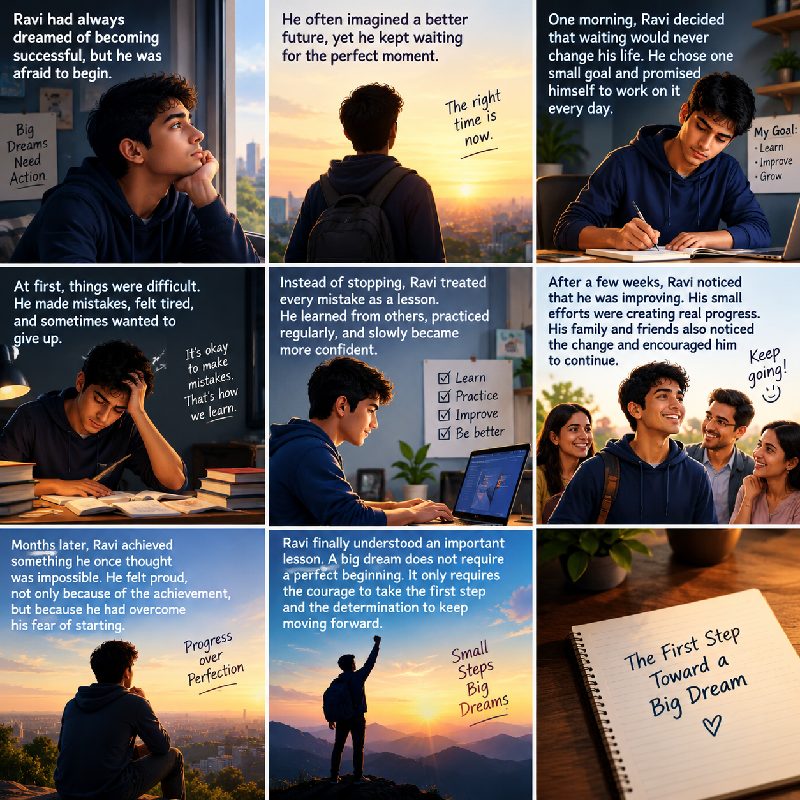 Ravi had always dreamed of becoming successful, but he was afraid to begin. One day, he decided to t